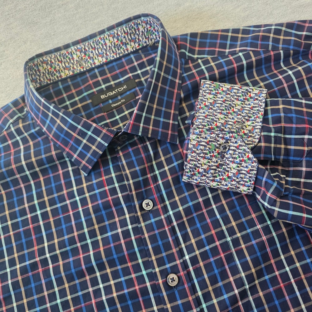 Bugatchi Mens XXL Navy Blue Plaid Button Down Shirt Classic Fit City Print Cuff